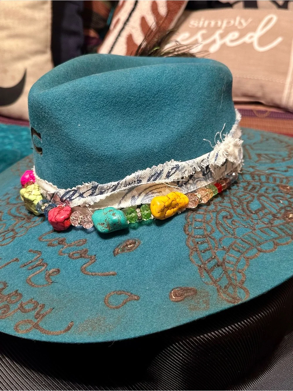 Charlie One Horse Paisley Burned Designed Dark Teal Felt Hat w/ Beaded ColorTrim
